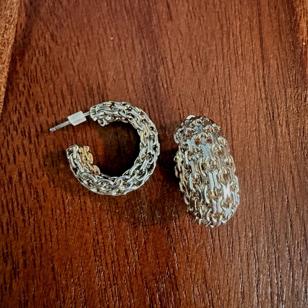 Vintage Sterling Silver Woven Mesh Hoop Earrings Chunky Statement 8.5g Byzantine